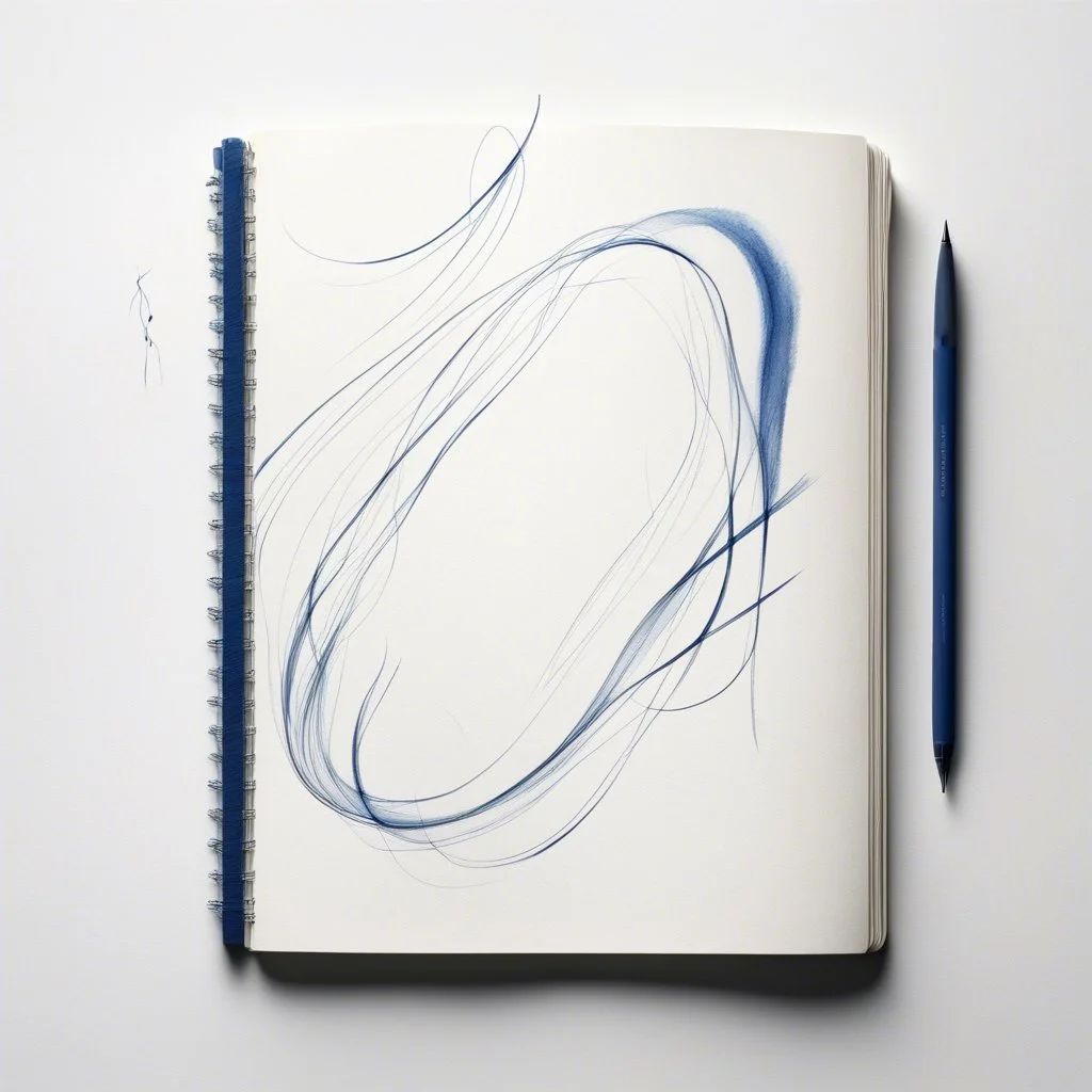 Dibujo minimalista de un cuaderno de bocetos abierto con líneas simples y elegantes. Alrededor, trazos sutiles de tinta o pluma que insinúan creatividad. Fondo claro con toques delicados de azul profundo para reflejar pasión artística.