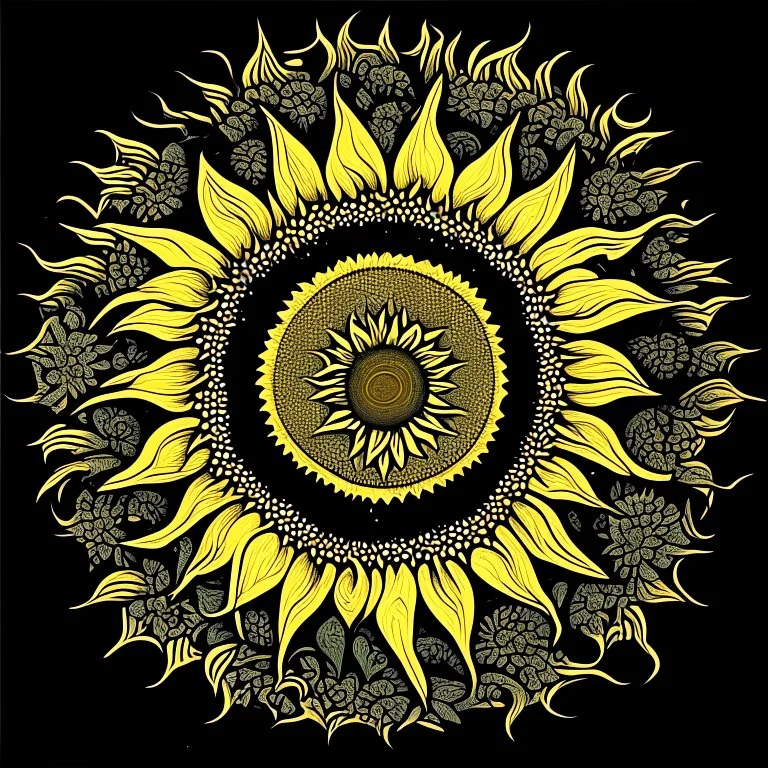 Silkscreen printing stylized sunflower, moon, mandala decoration