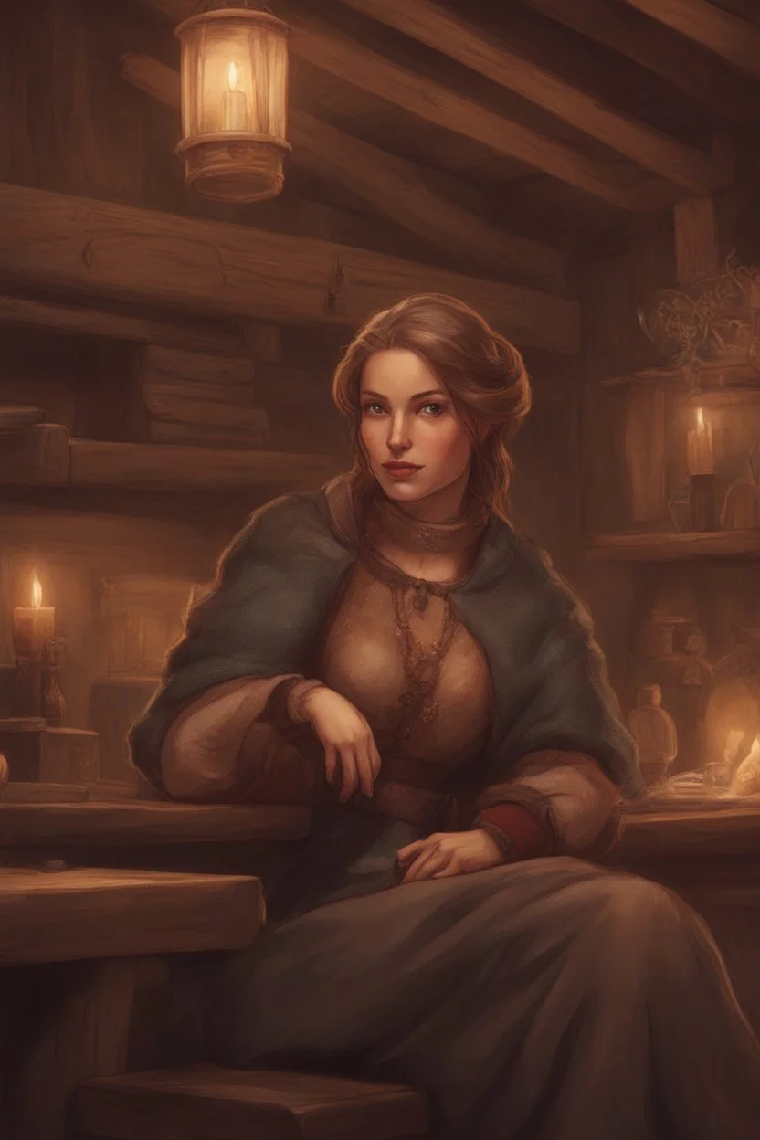 DnD style, medieval beautiful woman dressed in warm winter clothes sitting in a tavern