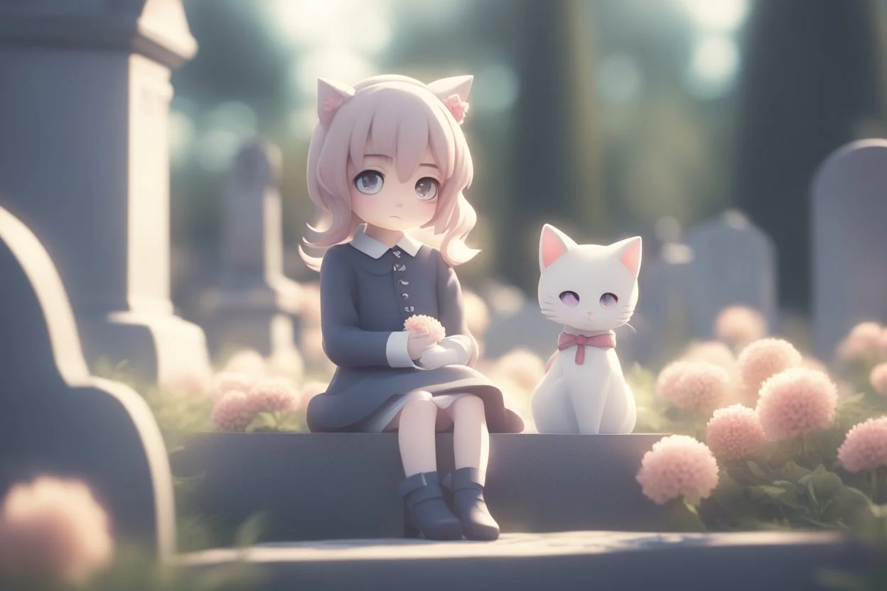 cute chibi anime cat girl in the graveyard, sadly sitting next to a grave, flowers in her hand in sunshine, ethereal, otherwordly, cinematic postprocessing, bokeh, dof