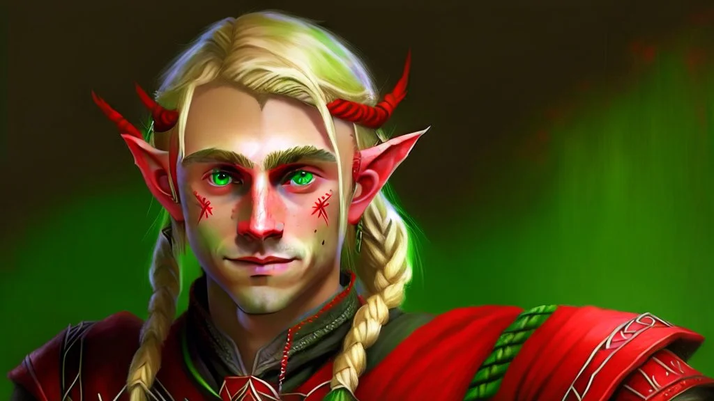 A young elf with blond hair in a single braid, green eyes and a small smile. He is dressed in an artist's costume mixing red and black as the main color.