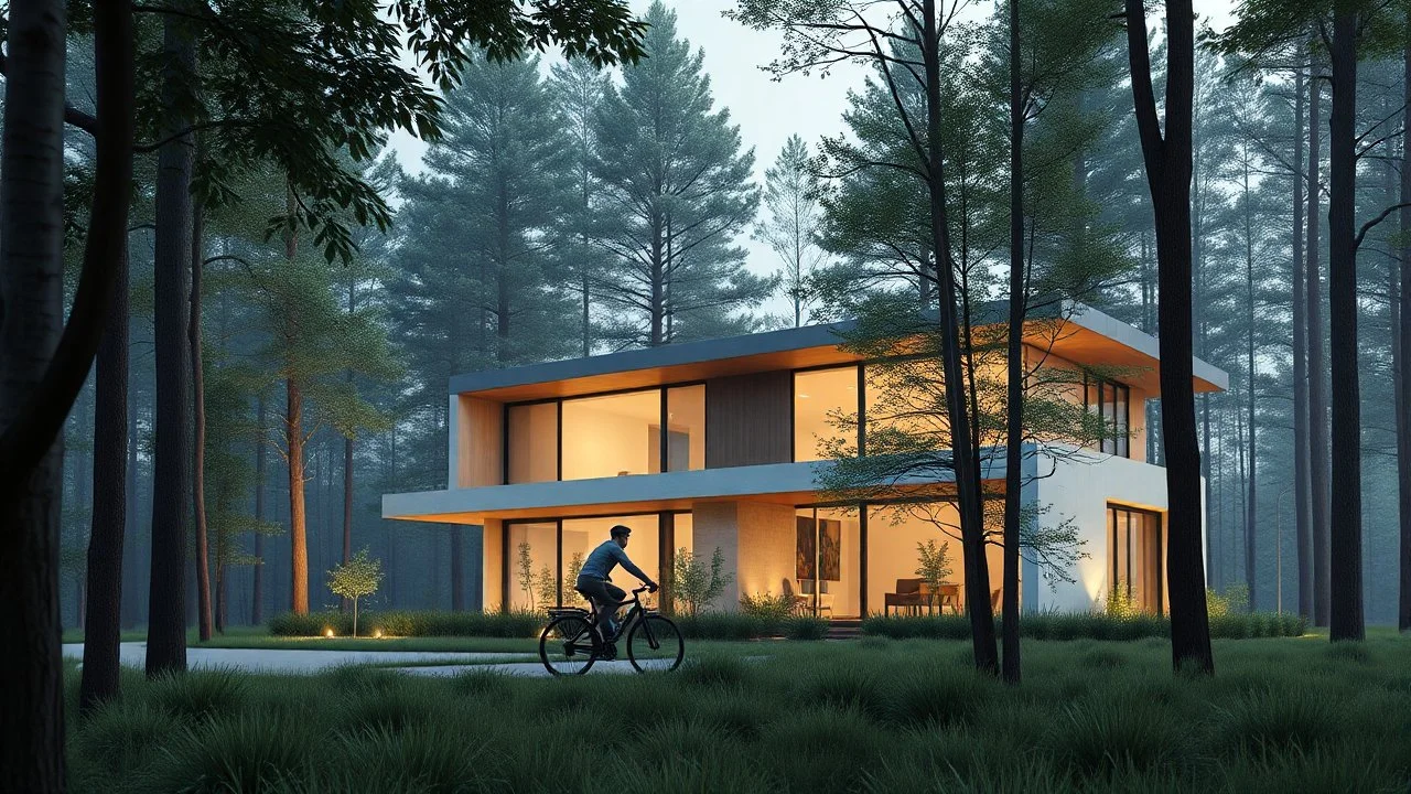 there is a man riding a bicycle in front of a building, 3d render inspired by david chippeeld, shutterstock, modernism, house concept, minimalist house in the forest, realistic architecture, architectural rendering, realistic rendering, modern house in the forest, very realistic rendering, luminous rendering, architectural visualization, architectural visualization, contemporary house, professional rendering