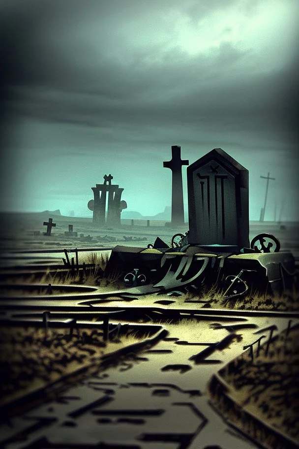 An image of a desolate graveyard under a brooding sky, a lone grave digger with a shovel, surrounded by abstract, futuristic elements. The open grave is filled with crisp, high-resolution stacks of money, conveying a sense of isolation and melancholy.