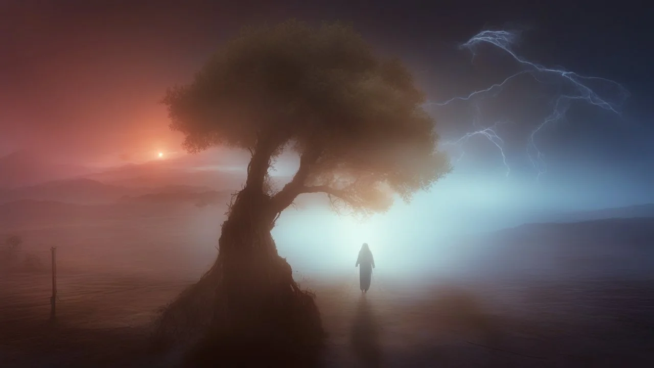 walking straight ahead over a wooden bridge, holding the angel of death with your right hand, entering the fog at the end of the road that leads to the afterlife, and a beautiful sunset and galaxy's behind the fog, realistic