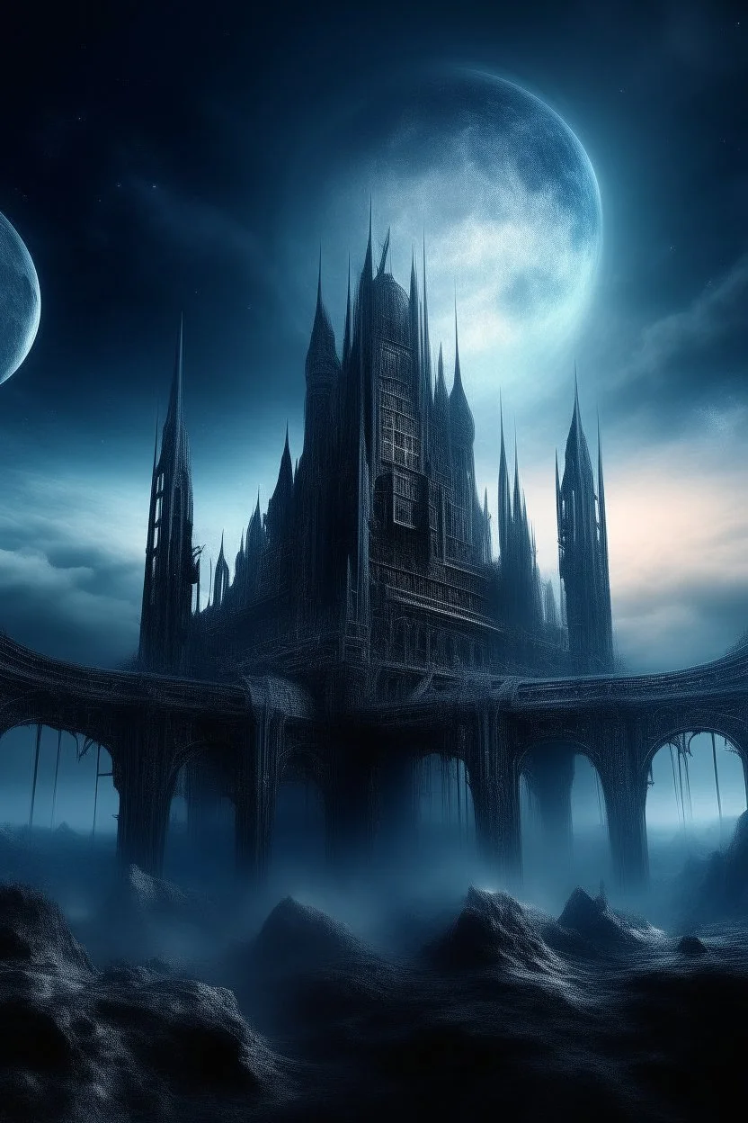 The gothic future modern buildings in another dimension surrounded with stars and galaxies and clouds and fogs, Busch painting nightmare style , 3D , scary, magical, mysterious