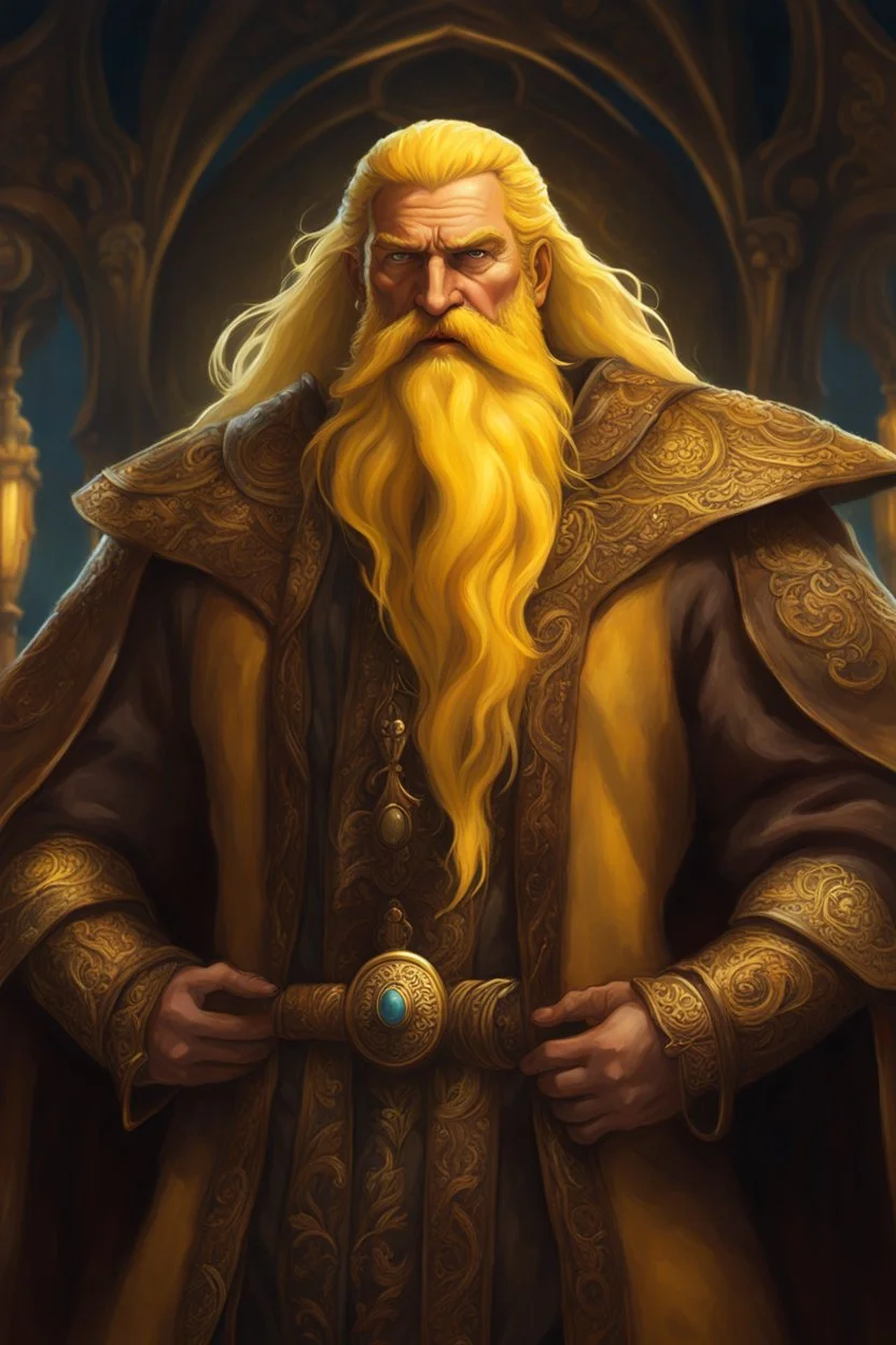 man big man in dark brown travelers cloth. he has long, unruly yellow hair and unruly yellow beard. show all of the head. perfect hands. fantasy setting. concept art, mid shot, intricately detailed, color depth, dramatic, 2/3 face angle, side light, colorful background. Style of Gerald Bloom.