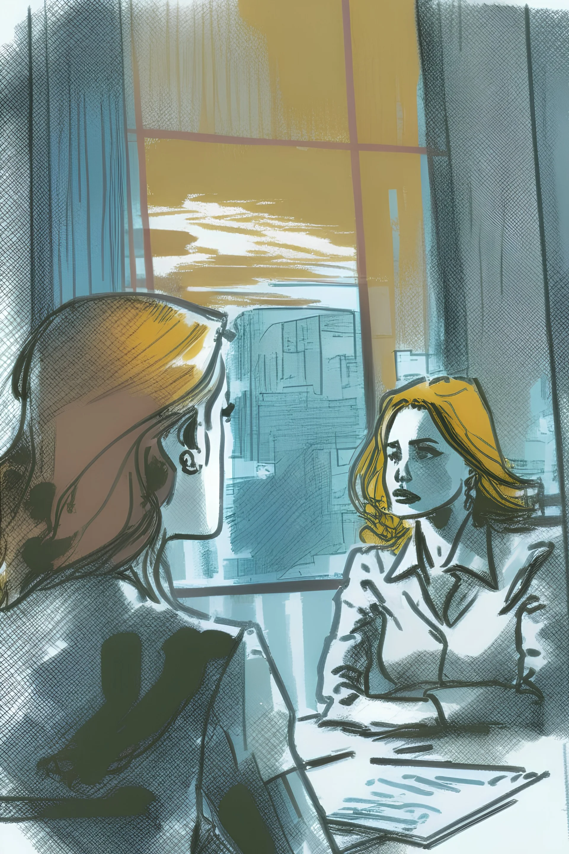 woman talking to someone in office with big windows sketch style with a bit color