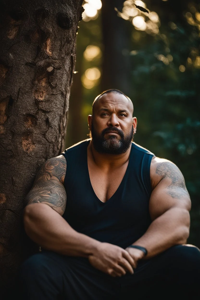 close up photography of a marocan 40 years old seated on a tree trunk in the wood, burly chubby muscular overweight, manly chest, white bulging boxer, shirtless, hairy , golden hour, tatoo,, 35mm lens, f/1.8, accent lighting, global illumination, frontal view from the ground