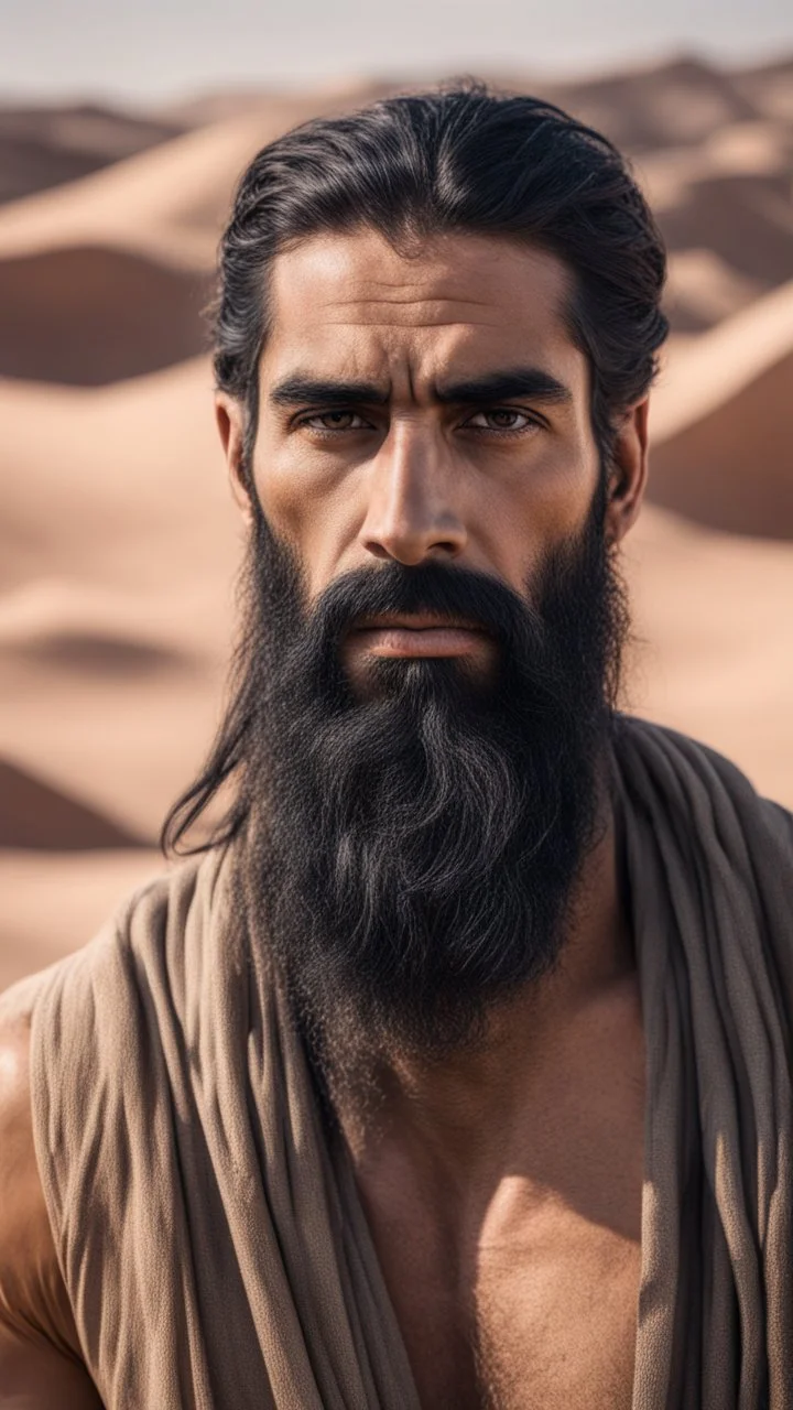 An Arab man in the desert, tall and strong, with long black hair and a thick beard. A long face, a large nose, a thick face, and sharp black eyes. A solid and muscular body with a strong build.