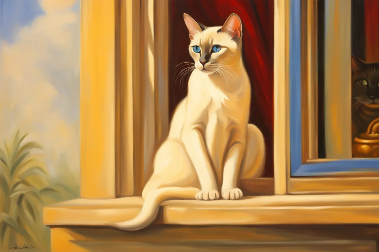 Elegant feline, oil painting, impressionism style, stunning slender Siamese cat in a window in Thailand observing Buddha statue, beautiful, artistic, detailed