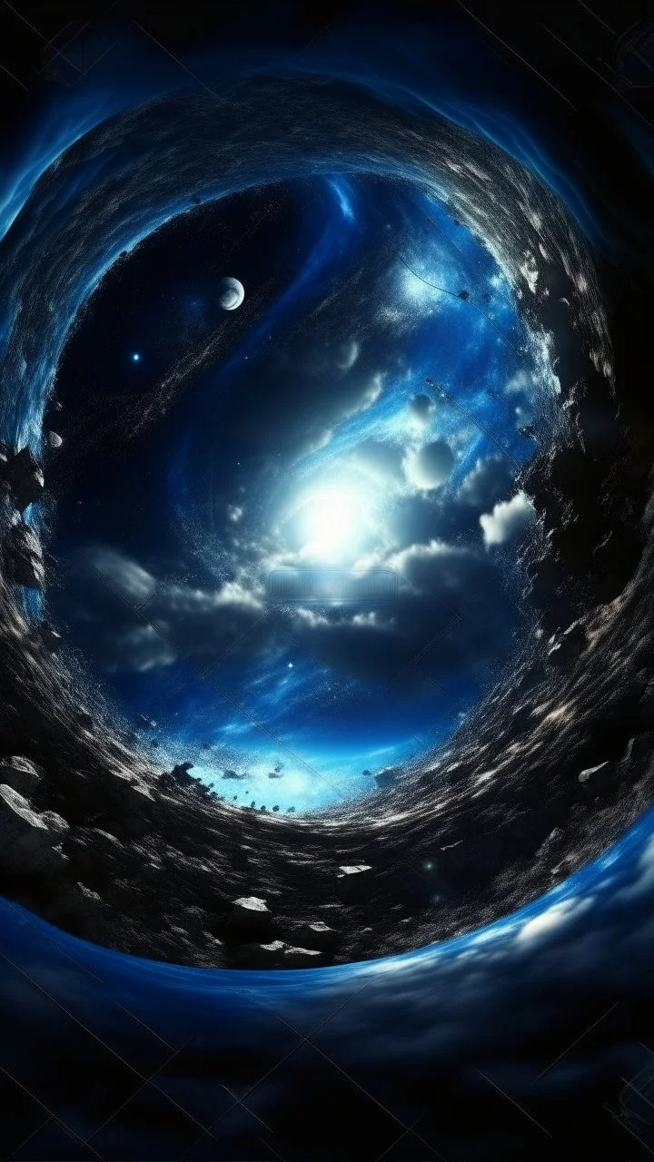 Earth view from a distance, a lot of Intelsats orbiting around Earth, Hole apocalypse wipes out Universe. Cold blue cloudy hole collision explodes in outer space.a shape of devilish dark body with hood in the hole like sucked in side Epic galaxy , Cinematic interstellar