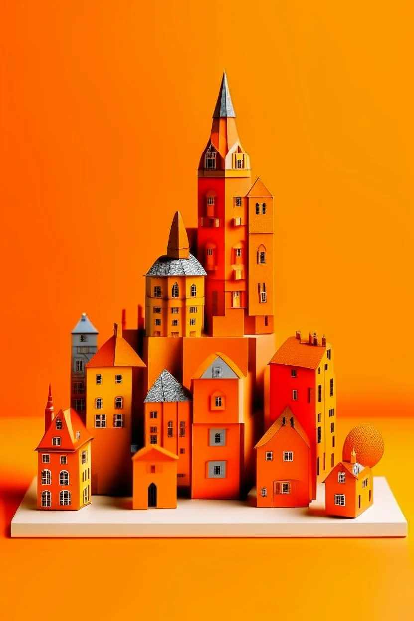 An orange colored small city made out toys painted by Pablo Picasso