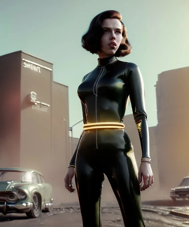 retro sci-fi portrait image from 1960, supermarket parking explosion, young Scarlett Johansson, classic black tight lycra latex suit, gold bracelet and belt, soft color, highly detailed, unreal engine 5, ray tracing, RTX, lumen lighting, ultra detail, volumetric lighting, 3d, finely drawn, high definition, high resolution.