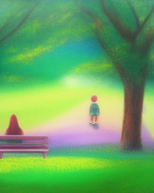 park mystical dream, park bench, man, woman, child, dog, trees, path, bird, sunshine, mystical, fantasy, romanticism, pastel colors, daylight, daytime, acrylic painting, detailed, soft focus,