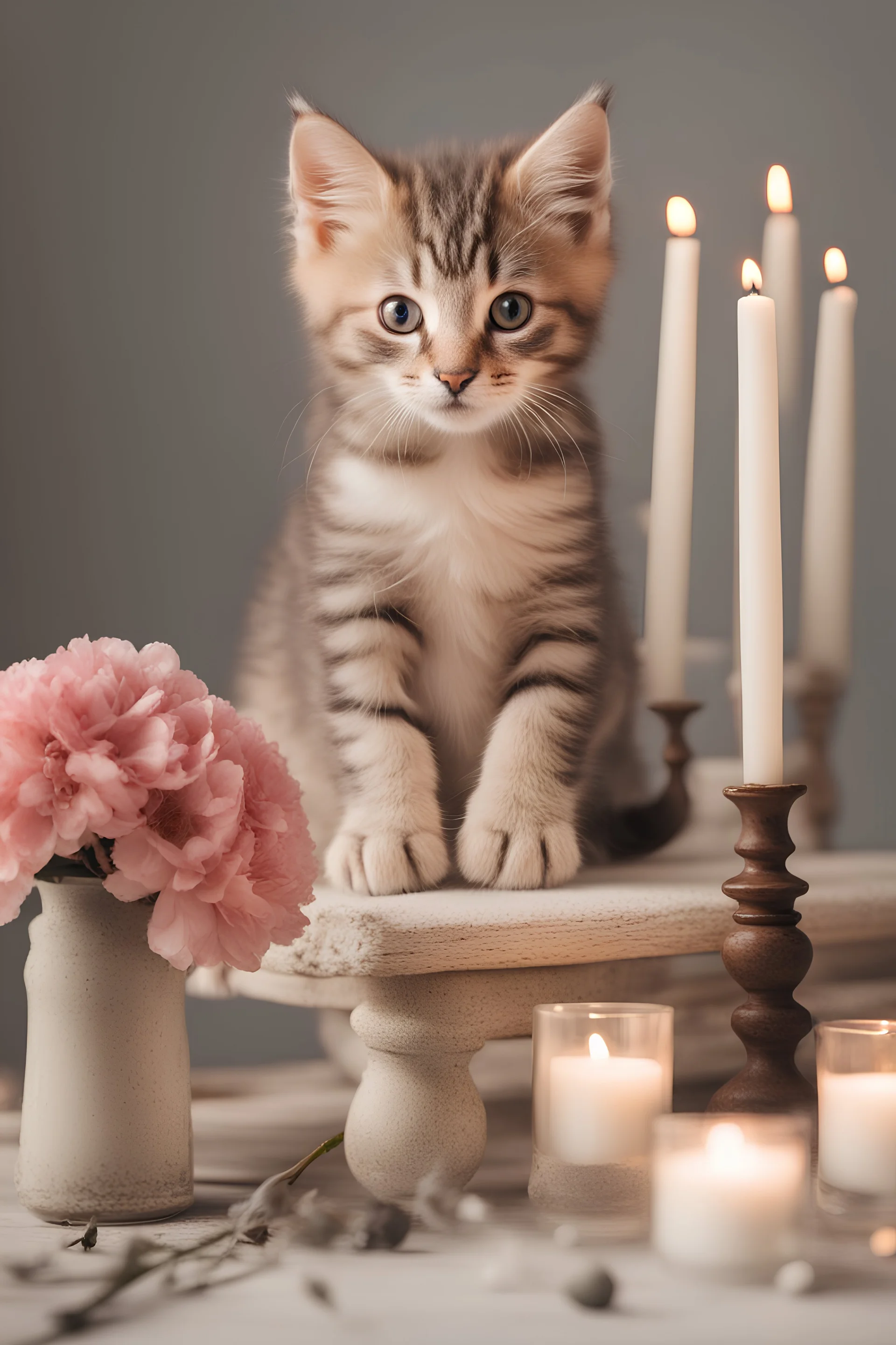 kitten sits on the table, flower on his head, vase with flowers, candles, winter atmosphere