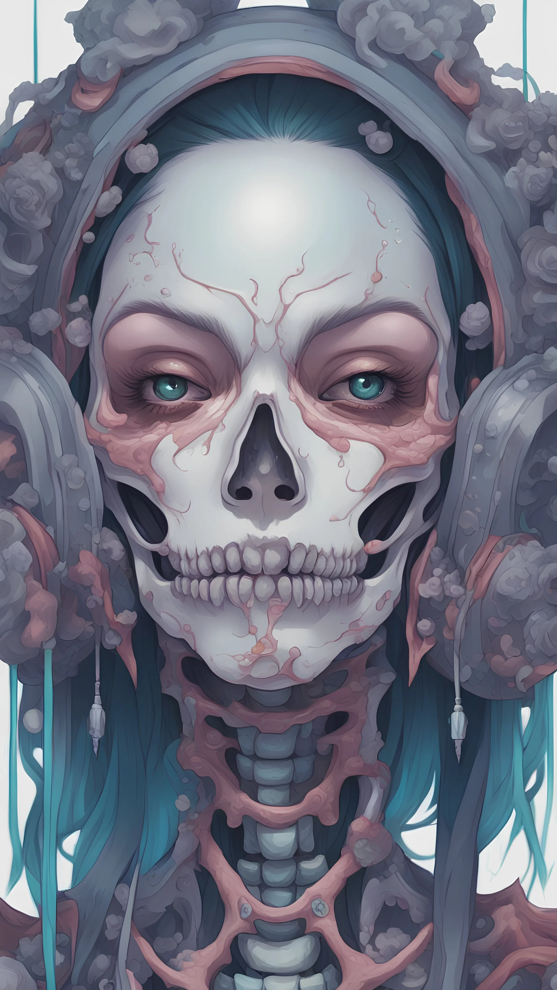 a close up of a person with a skull on their head, anime skull portrait woman, scary detailed art in color, hiroyuki-mitsume takahashi, nychos art aesthetic, half woman half skeleton, anime cyberpunk art, colored manga art, rossdraws pastel vibrant, cold colors. insanely detailed, beautiful anime portrait, stunning anime face portrait, scary art in color