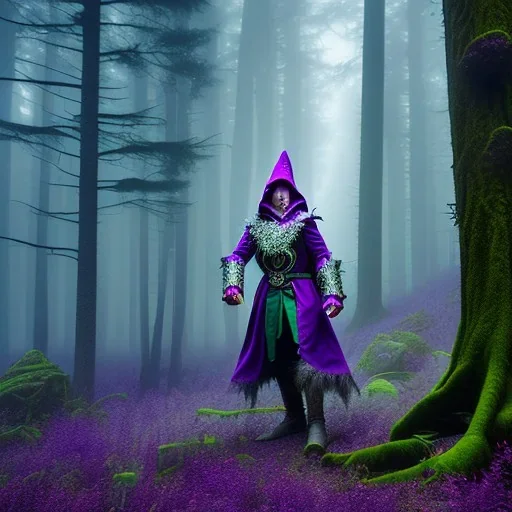 purple elf warlock in a misty enchanted forest