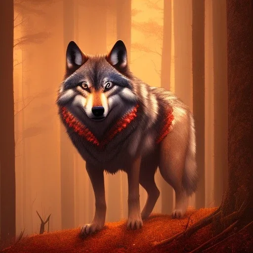 wolf, fire, forest, red, masterpiece, expert, 8K, hyperrealism, sharp focus, cinematic lighting, brown