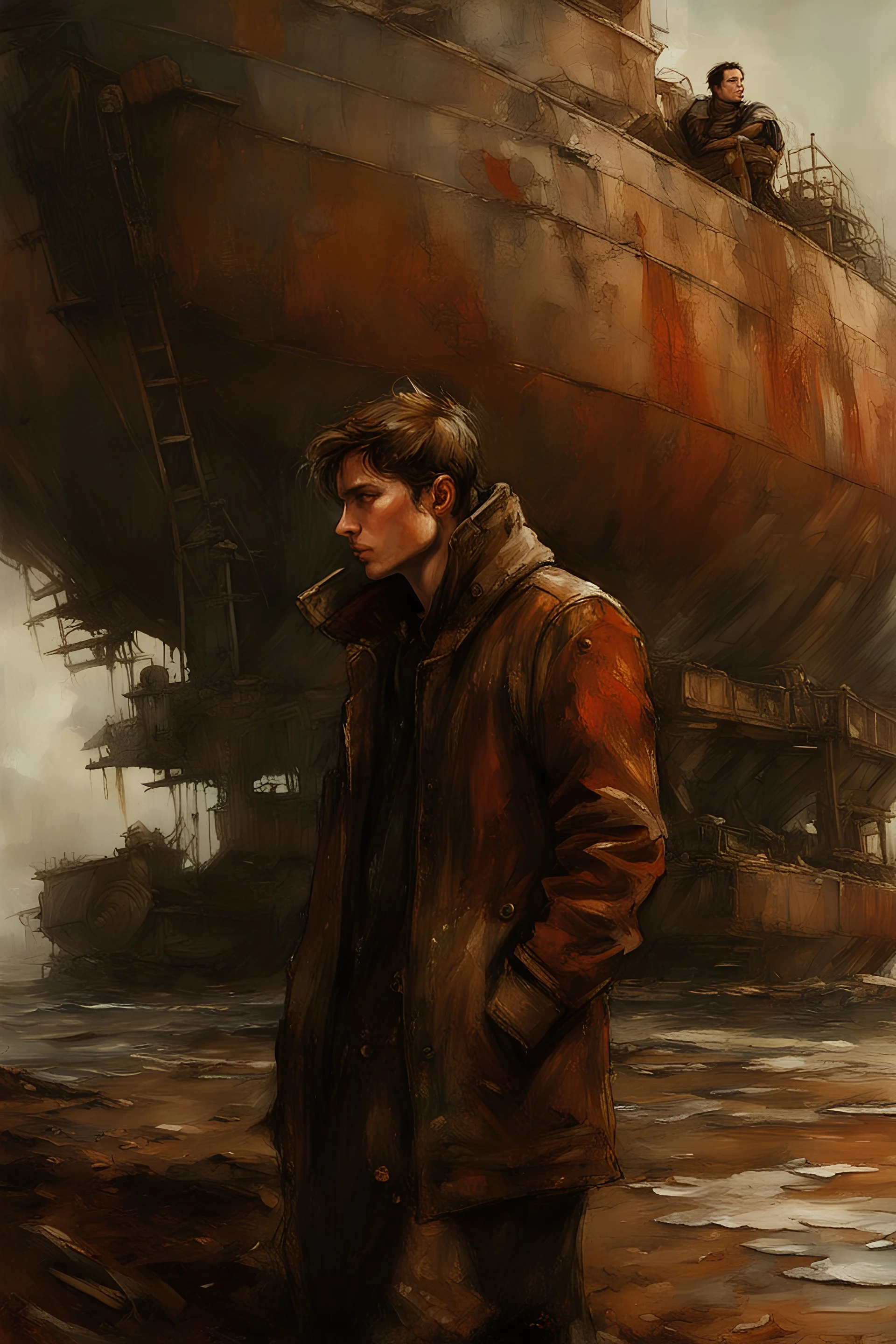 A rusty tanker on the shore and a young man in warm clothes peering into the distance, longing, post-apocalypse, dark colors, Luis Royo & Raymond Swanland & Alyssa Monks & Anna Razumovskaya