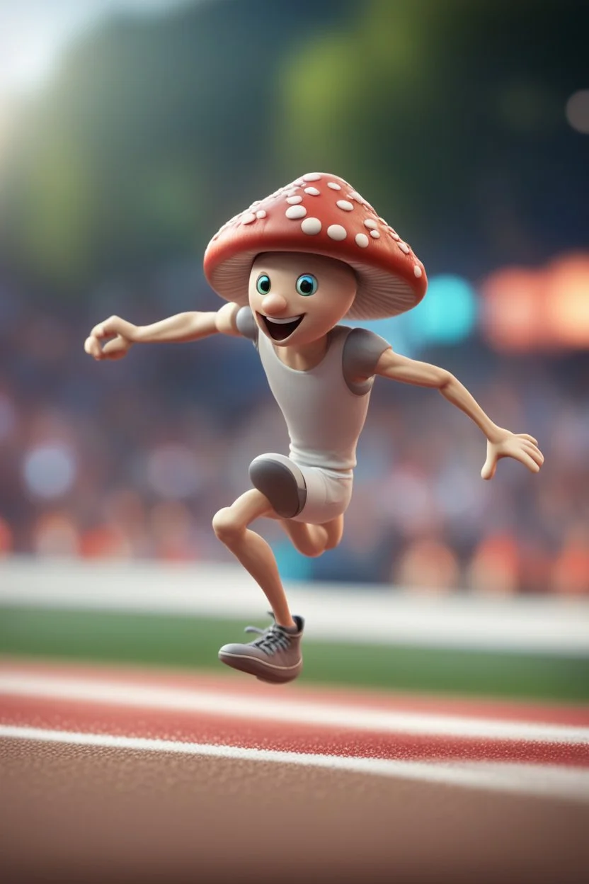 cartoonish mushroom man running 110 meter hurdle in the Olympics ,,bokeh like f/0.8, tilt-shift lens 8k, high detail, smooth render, down-light, unreal engine