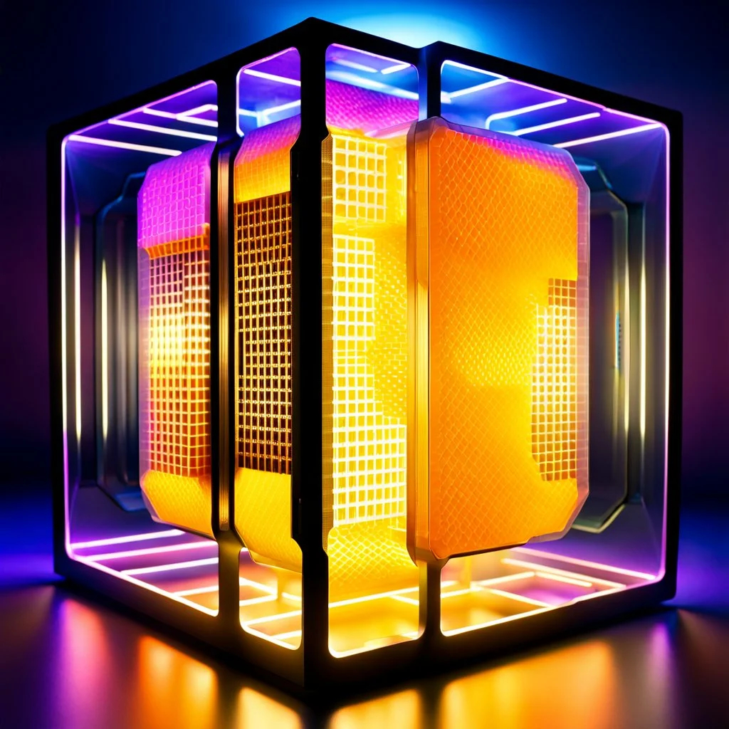 futuristic translucent neurocube, inside the cube there are perpendicular partitions of honeycomb plates, ambient lighting