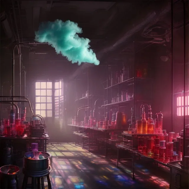 factory of colors. smoke rises from multi-colored glassware. color swatches in the background. hyperdetailed, warm colors, detailed painting, photorelistic, oil on canvas, light dust, futuristic. volumetric lighting