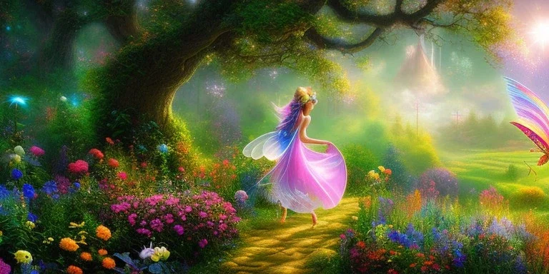 bright fairy, beautiful portrait, flowery landscape