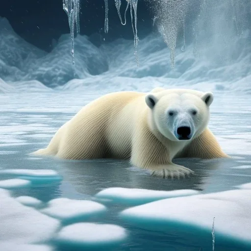 realistic polar bear swimming in artic water with ice floes, 8k resolution, high-quality, fine-detail, intricate, digital art, detailed matte, volumetric lighting, dynamic lighting, 3D octane render, Marc Adamus, Ann Prochilo, Romain Veillon, National Geographic photo