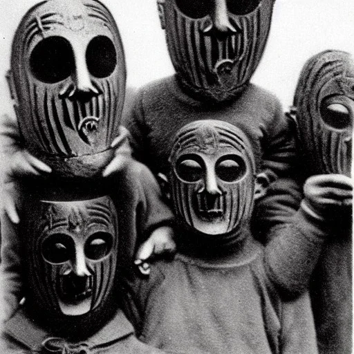 Creepy old photo, folk town strange masks