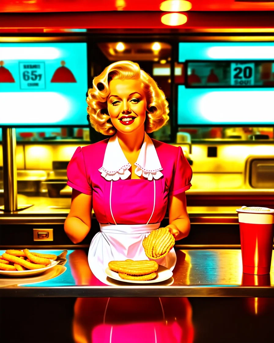 Create a hyper-realistic, photo-realistic 8K image in a 2.39:1 ultra-wide cinematic aspect ratio, captured with a Phase One XT IQ4 150MP medium format camera using a Schneider Kreuznach 80mm LS f/2.8 lens, set in a glowing 1950s-style drive-in snack bar during golden hour, with warm sunlight casting long shadows and neon lights beginning to flicker on. Marilyn Monroe is styled with her iconic platinum curls and red lipstick, wearing a retro pink waitress uniform with a frilly apron, balancing a