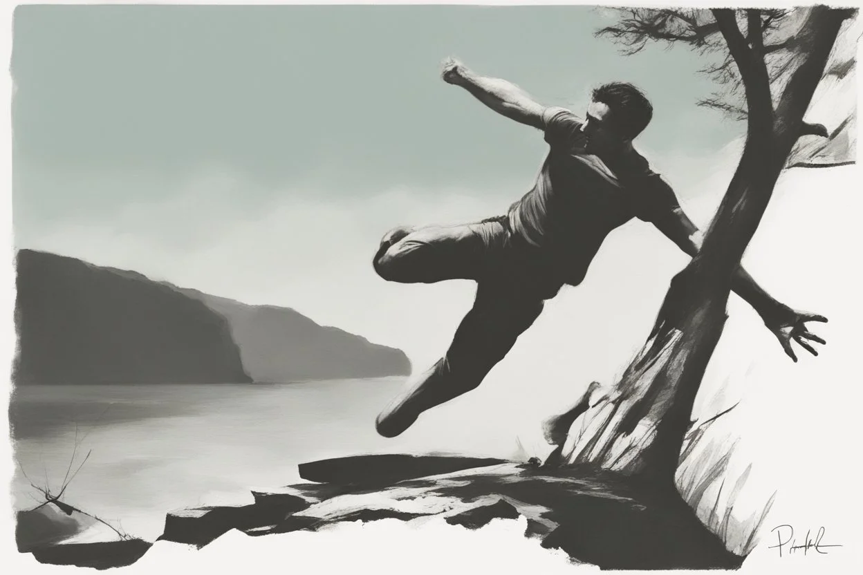 man jumping from the cliff by phil hale