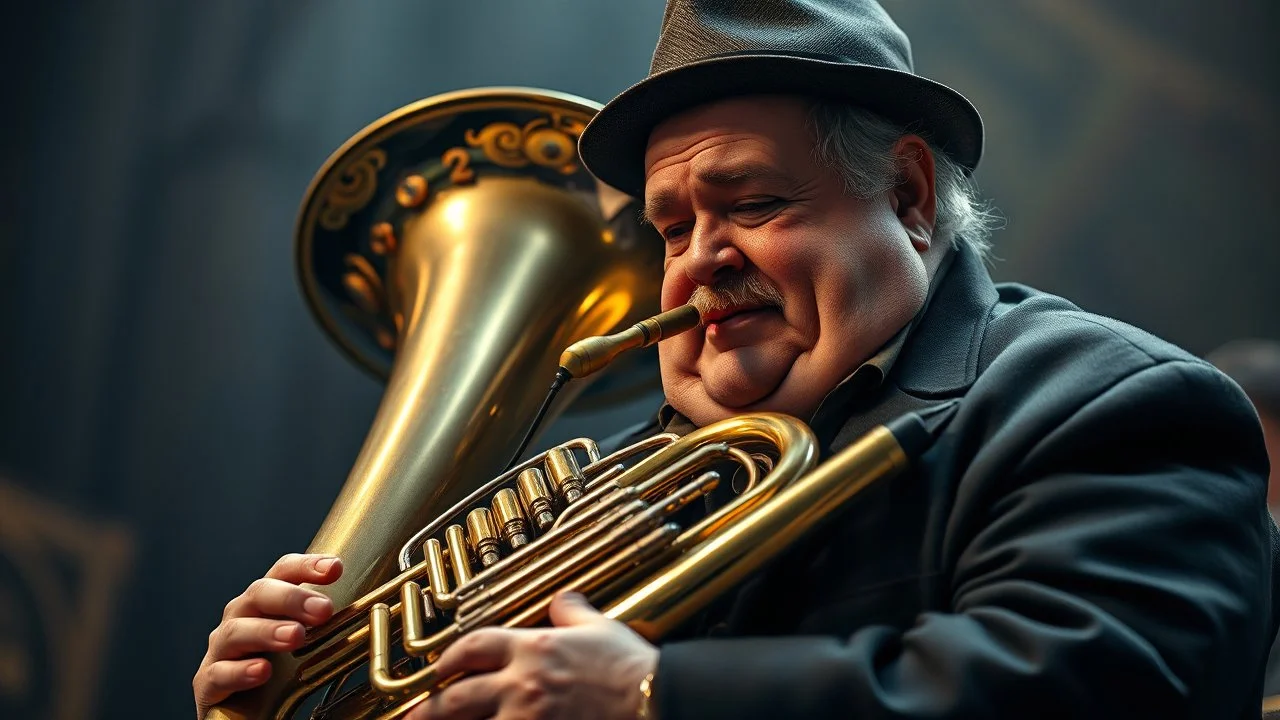 Tuba being played by fat middle-aged man, in the style of Gerard Hoffnung, exquisite composition, beautiful detailed intricate insanely detailed octane render trending on artstation, 8k artistic photography, photorealistic concept art, soft natural volumetric cinematic perfect light, chiaroscuro, award-winning photograph, masterpiece