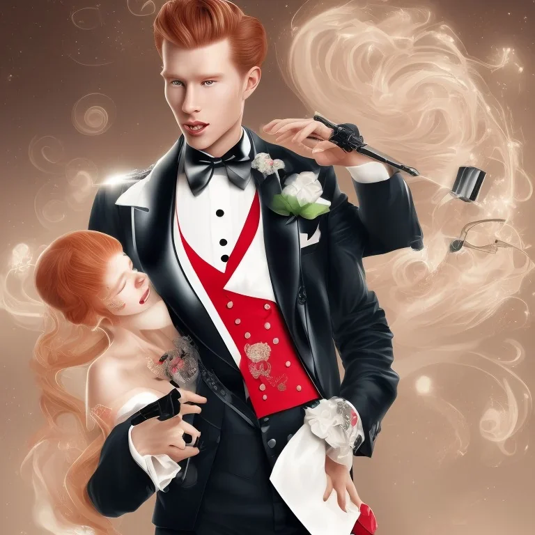 Korean strawberry blonde man in tuxedo