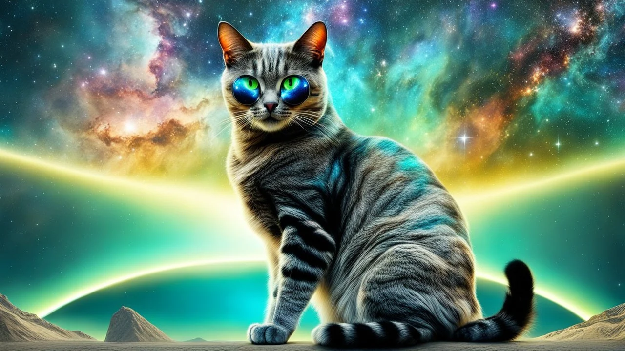 cat-alien stunning weird hybrid , galaxy, stars, fantasy, sci-fi, detailed, masterpiece intricate detail, deep colors, hight textures, glitch, metallic shine, sharp focus, 64 megapixels, surreal mood