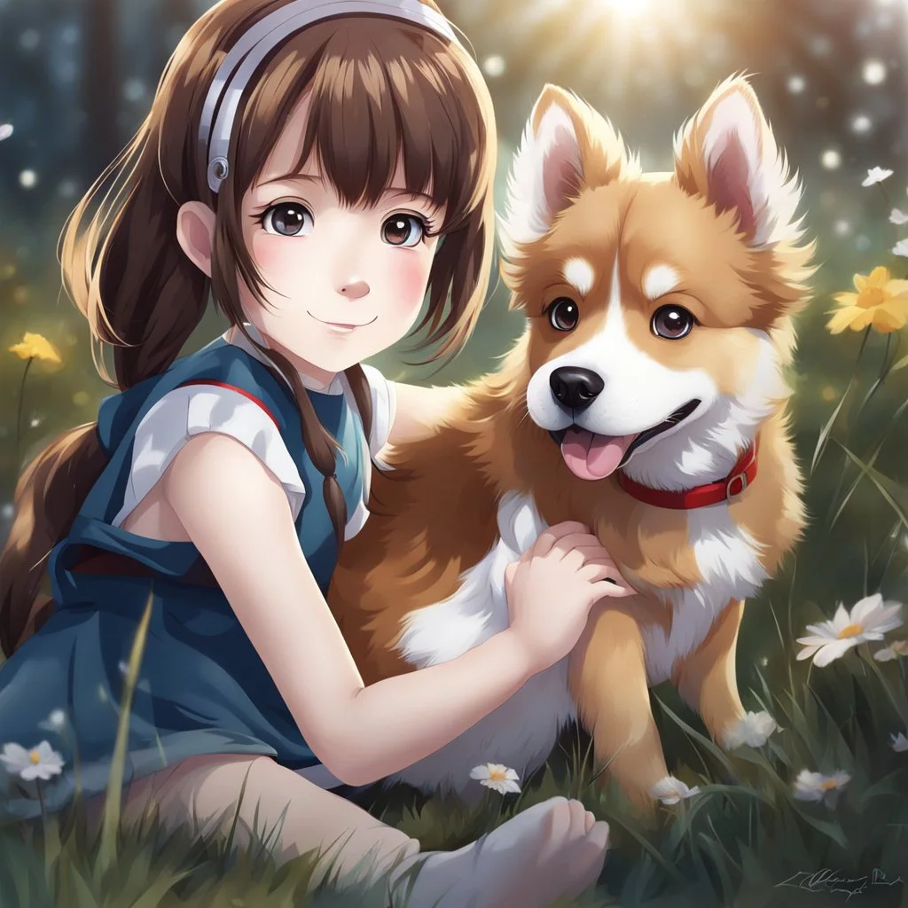 very beautiful realistic anime 10 years old girl with a furry Dog