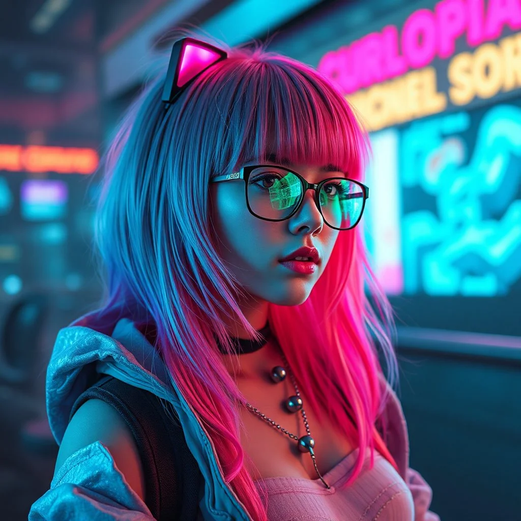 a pretty cyberpunk girl, bright coloured hair, dreaming of escape, young, futuristic, dystopia, tinted glasses