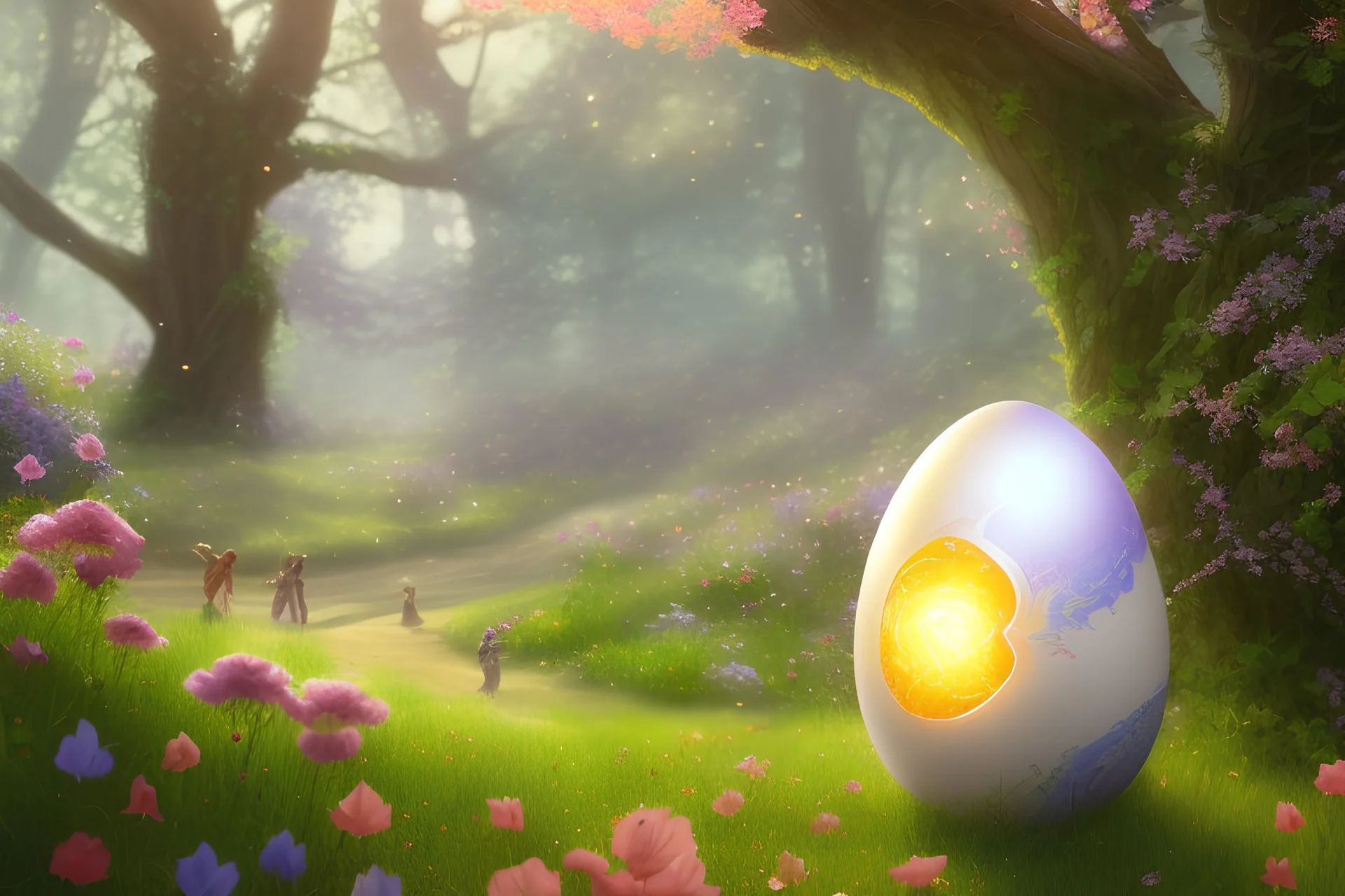 Fantasy magical glowing egg in beatiful spring blosson garden, sweet sun light, highly detailed, digital painting, artstation, concept art, smooth, sharp focus, illustration