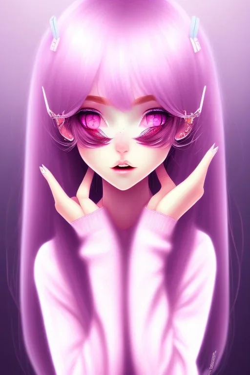 girl, cute, beautiful, big nose, pink hair, long hair, blue eyes, black sweater, long eyelashes, yandere, closed mouth