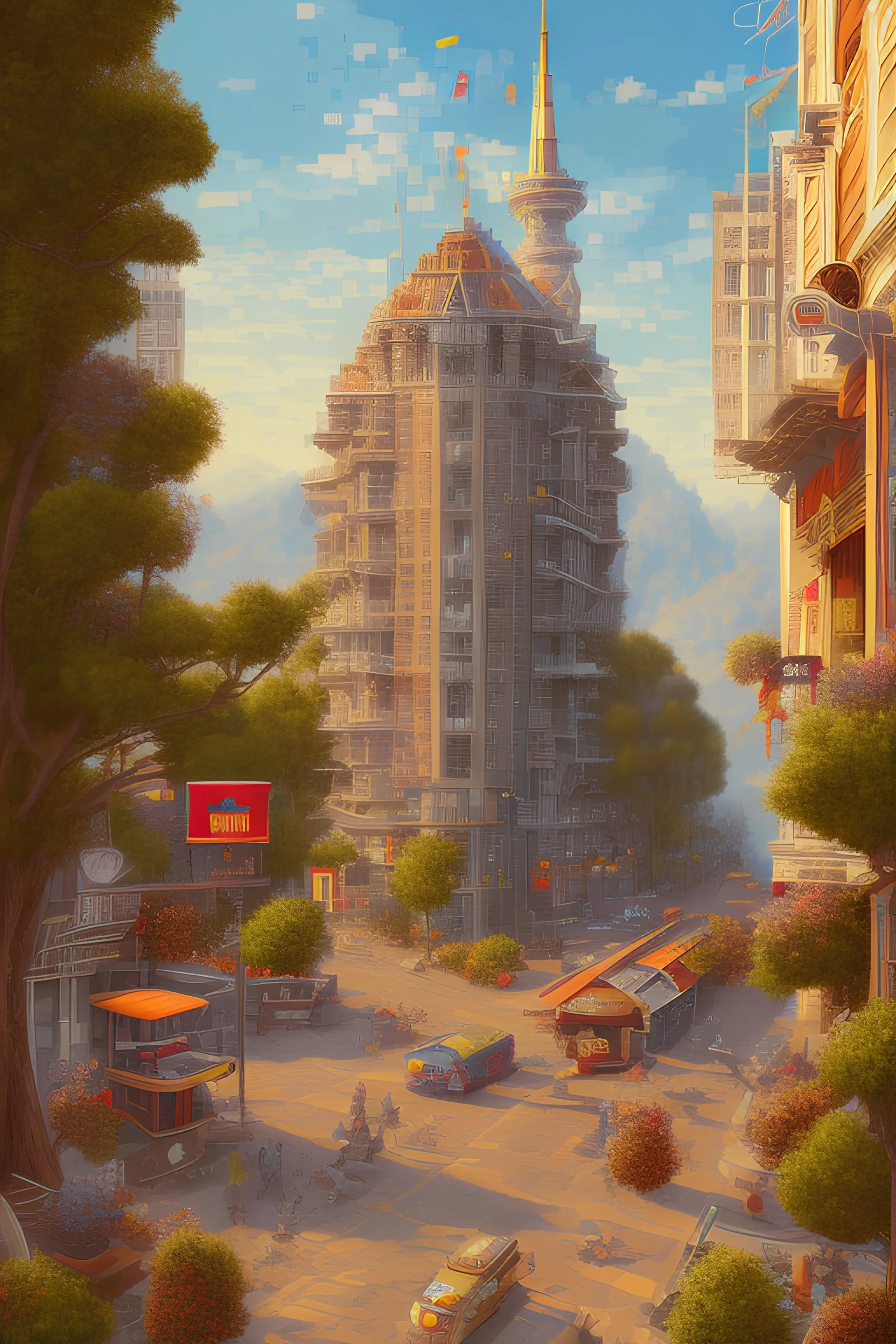 detailed pixel art illustration of a building in San Francisco, by eBoy studio, in the style of pixorama, detailed coloring, detailed, lots of people, sunny day, busy neighborhood
