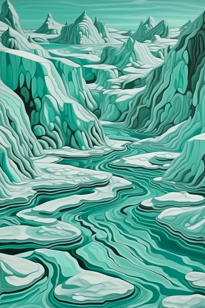 A mint colored steppes covered in ice on a glacier designed in Australian aboriginal art painted by MC Escher