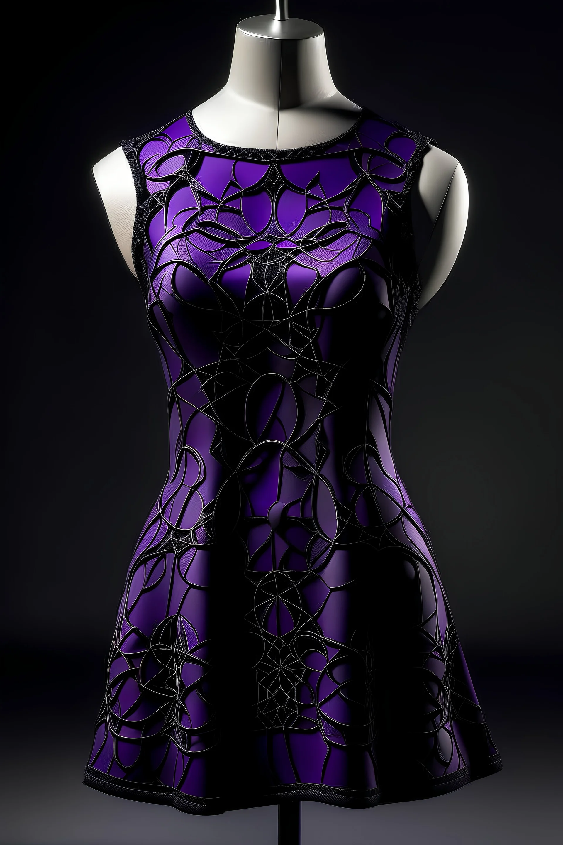 dark purple short dress, without sleeves, made of satin and narrow guipure fabric inspired by fractals in geometry.