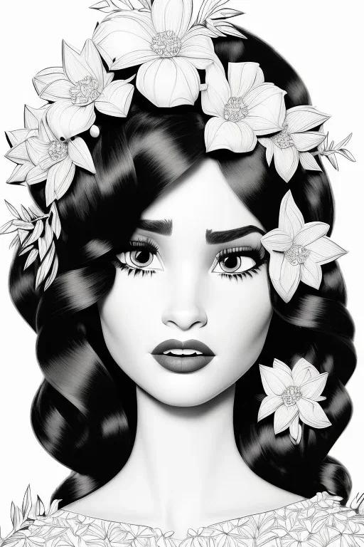 hyper detailed, black and white, thick line, coloring book illustration, lineart, stunningly beautiful woman in flowers