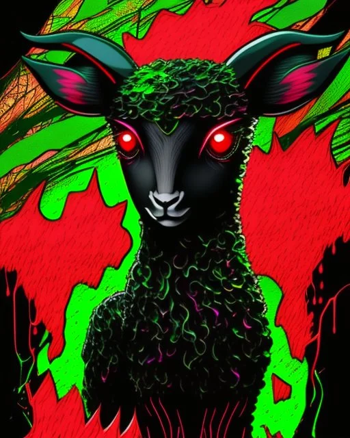 Comic book art style black lamb with red eyes, contrasting green meadow, cartoonist, digital portrait, dark fantasy, black iridescent skin, holographic, shiny, PVC texture, wet look, anime, gothic