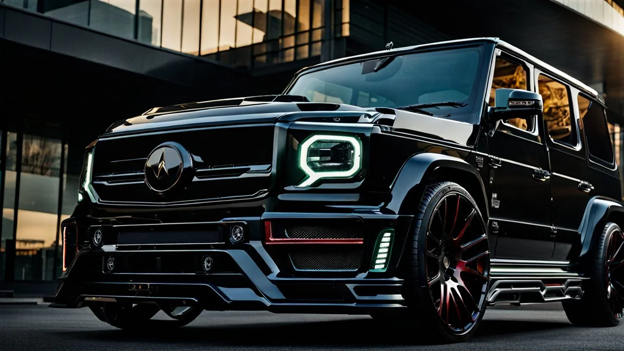 A (((G-Wagon mustang))) featuring a luxurious interior, advanced technologies, and a sleek body kit designed by MANSORY, front cinematic view on road in morning