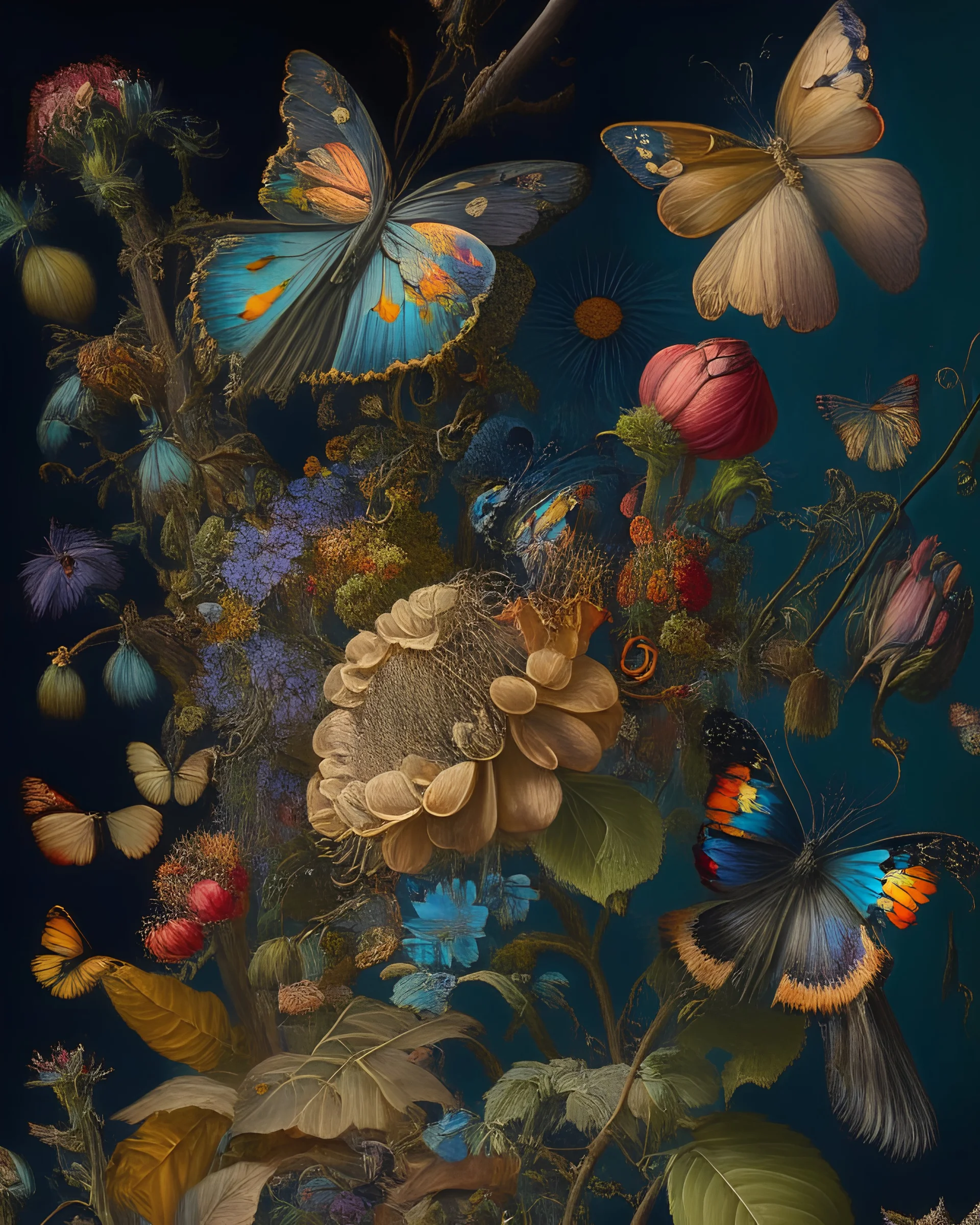 an ultra 8k detailed painting of many different types of flowers by John Constable, steampunk butterflies, generative art, intricate patterns, colorful, photorealistic