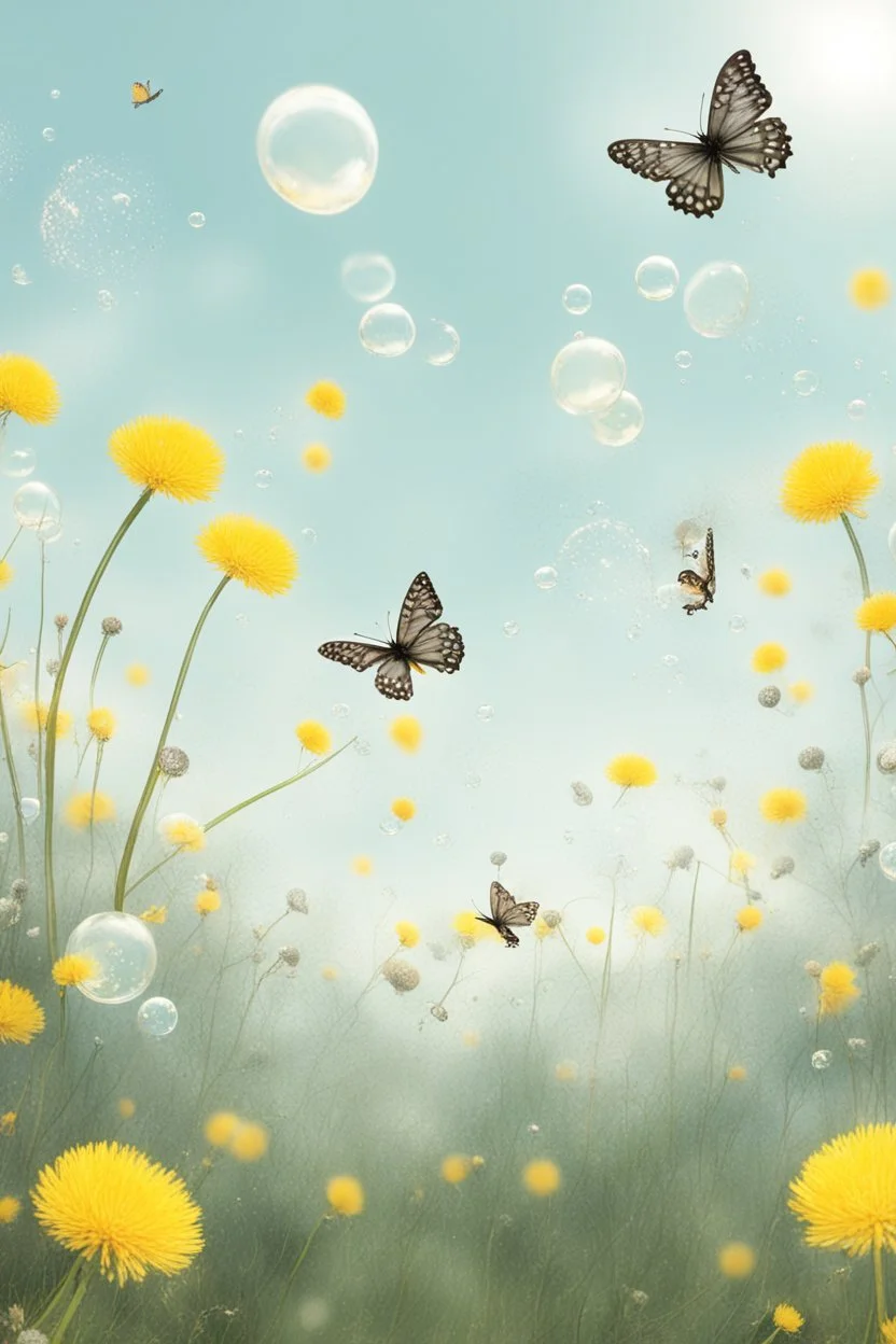Butterflies and bubbles going up to the sky through a field of dandelions