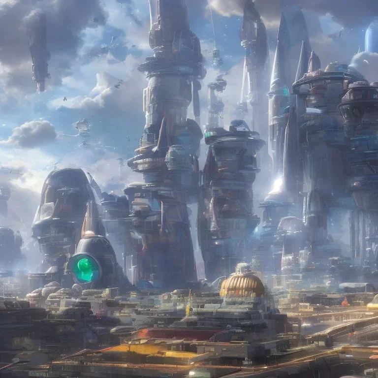 Spaceport on a heavy industrialized planet with a vibrant city in the background and a starting spaceship in the foreground, art by John Berkey, buildings with glass facades, insanely detailed, vibrant, 8k uhd, cinematic atmosphere, ultra-wide angle, street level view, brush strokes, blue sky with clouds, sharp focus