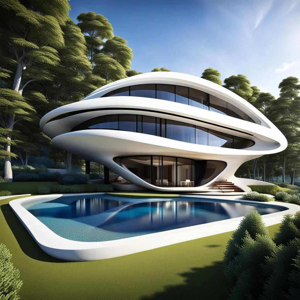 Casa campestre en forma de ostra marina, estilo Zaha Hadid, moderna, calidad ultra, hiperdetallada, 64k