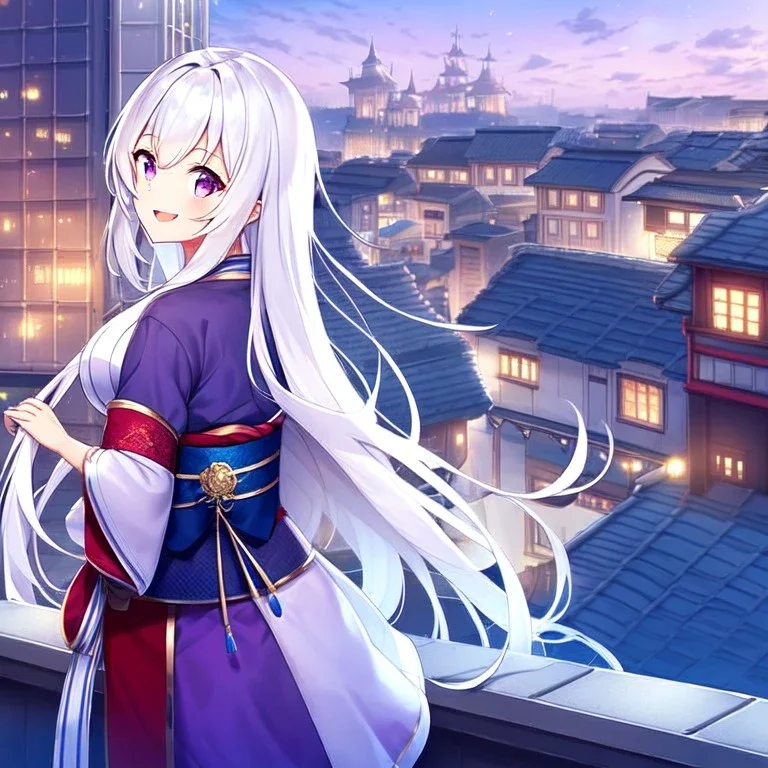 girl, masterpiece, best quality, volumetric lighting, detailed outfit, perfect eyes, long hair, white hair, purple eyes, rooftop, town, shooting star obi, looking back, laughing,