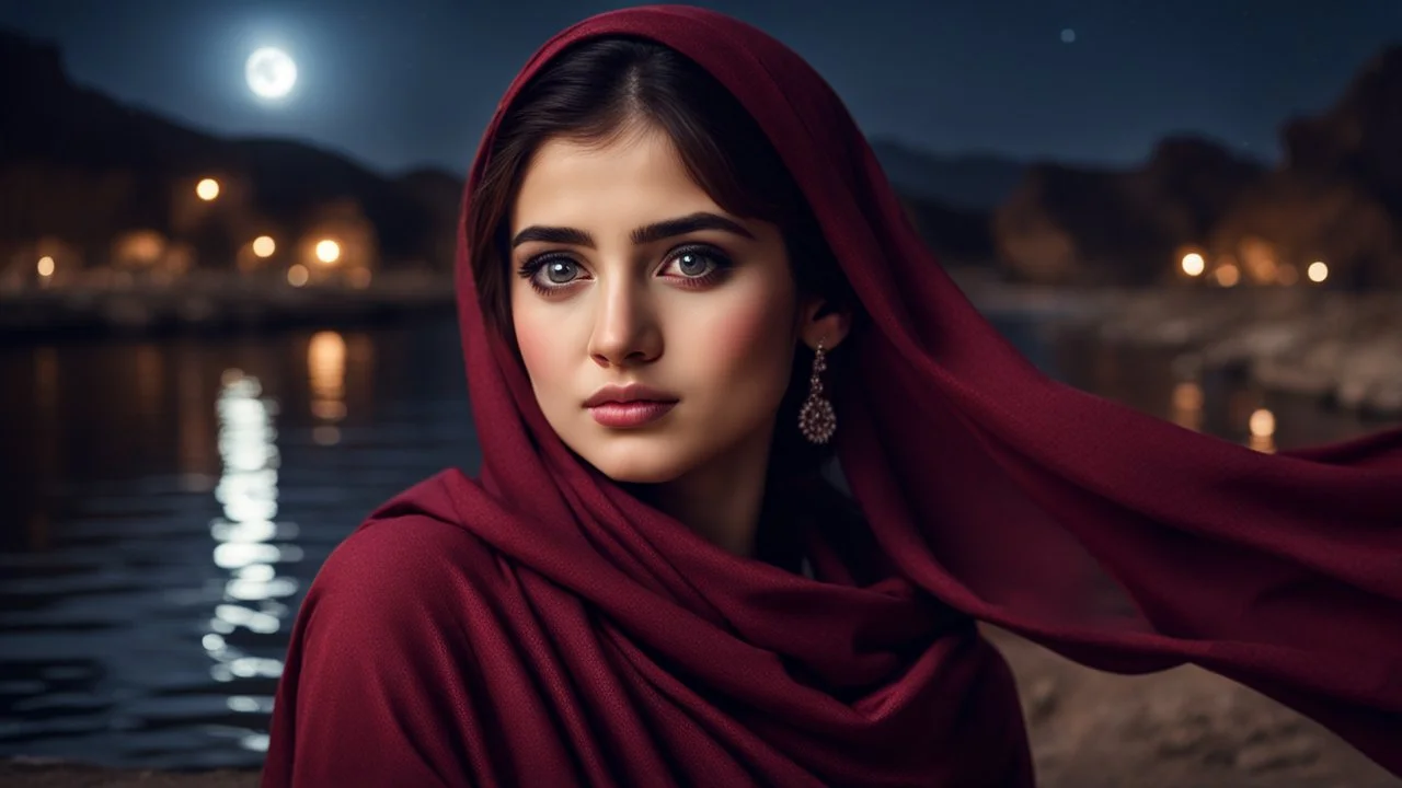 Hyper Realistic Photographic-close-view of Young Beautiful Pashto Girl with-beautiful-eyes-&-lips in a Maroon-dress peeking from-her black-shawl & giving bold expressions-with-little-smile riverside at beautiful moonlight-night showing dramatic & cinematic ambiance.